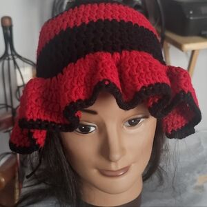 Crochet Red and Black Ruffle Bucket Hat